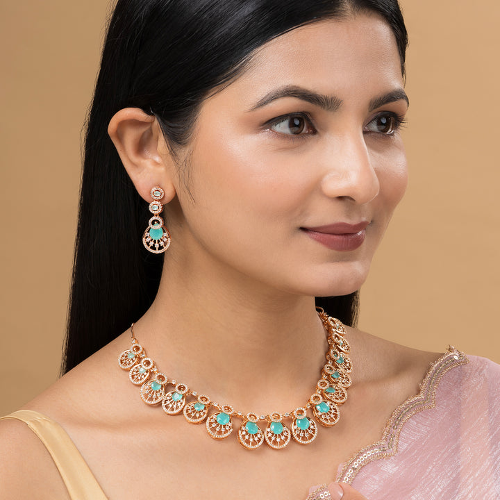 Teejh Chandni Charisma AquaGreen and Rosegold CZ stones Necklace Set