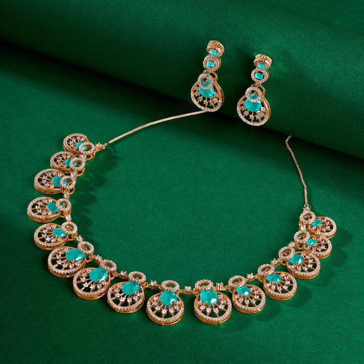 Teejh Chandni Charisma AquaGreen and Rosegold CZ stones Necklace Set