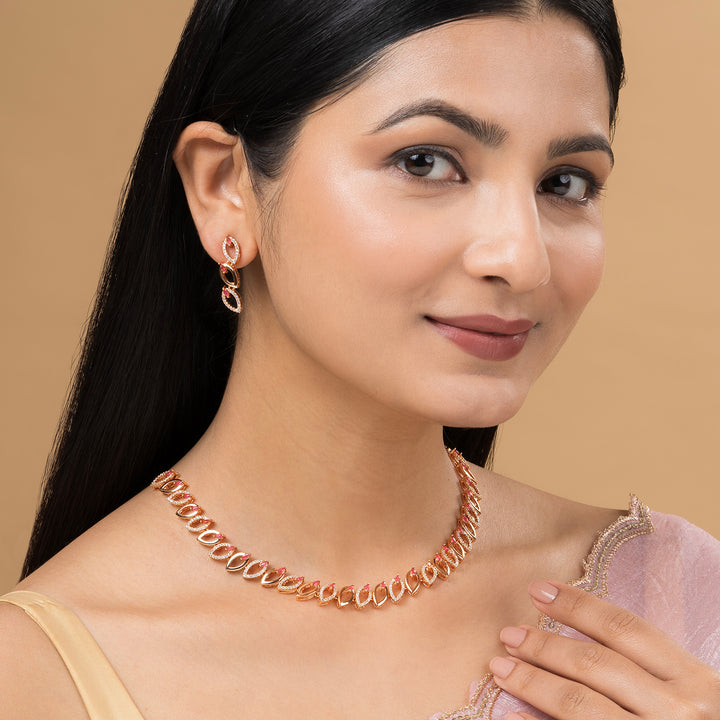 Teejh Lalitha Lustre Red and Rosegold CZ Stones Necklace Set