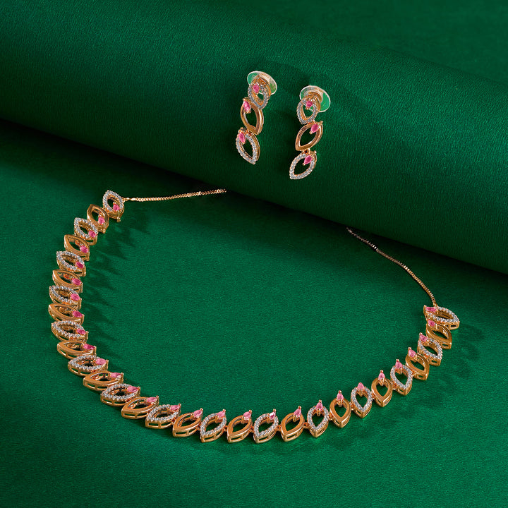 Teejh Lalitha Lustre Red and Rosegold CZ Stones Necklace Set