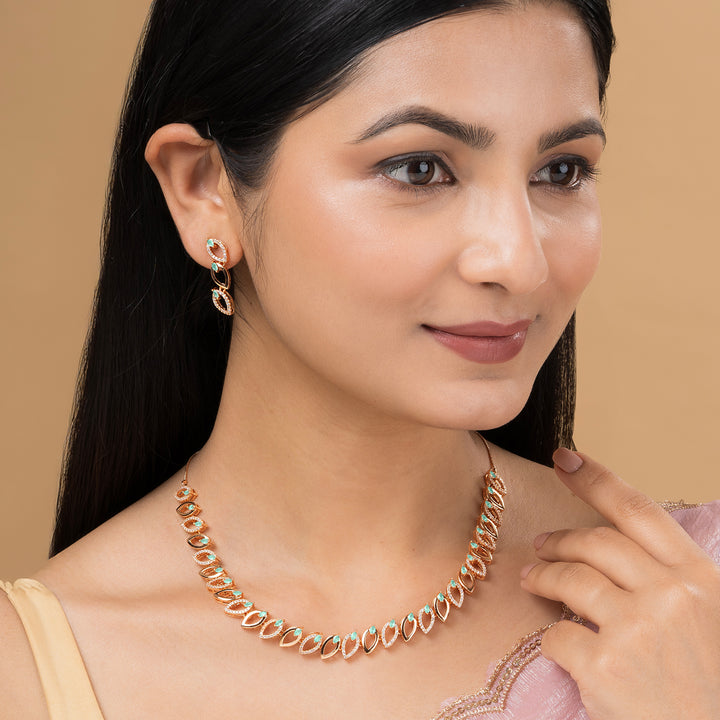 Teejh Lalitha Lustre Aquagreen and Rosegold CZ Stones Necklace Set