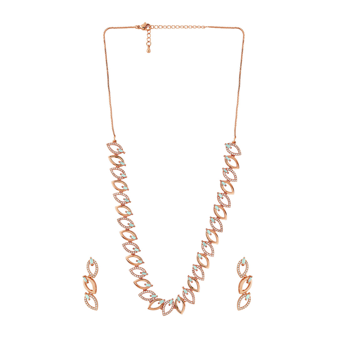 Teejh Lalitha Lustre Aquagreen and Rosegold CZ Stones Necklace Set