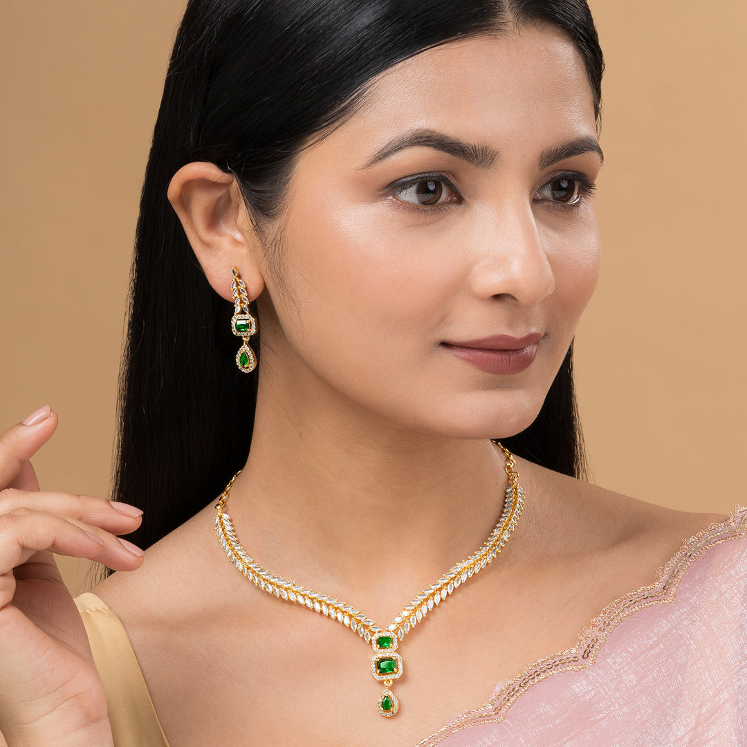 Teejh Sparki Gold and Green CZ Stone Necklace set