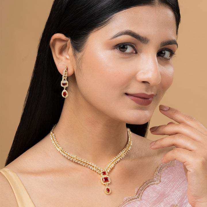 Teejh Sparki Gold and Red CZ Stone Necklace set