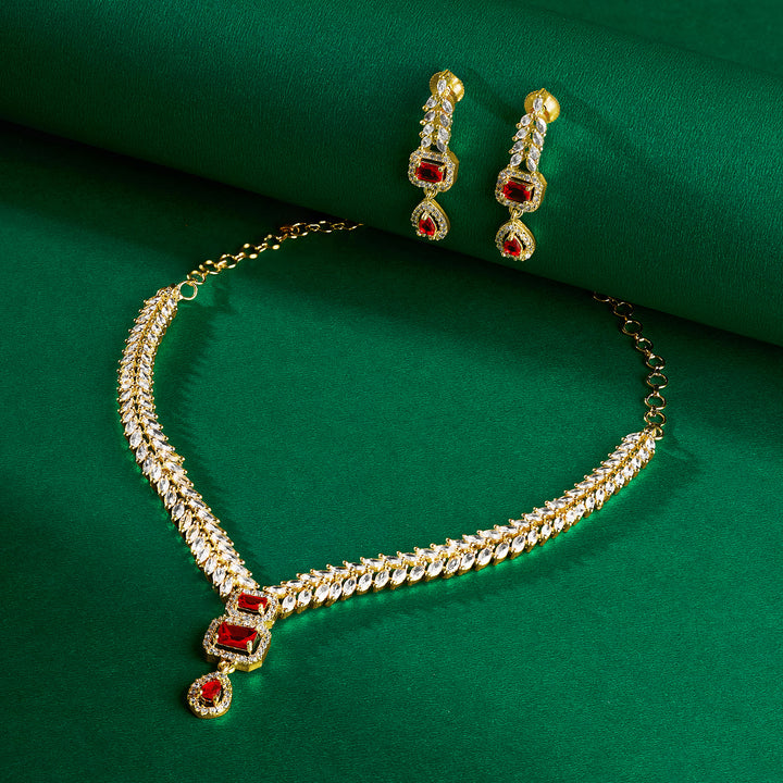 Teejh Sparki Gold and Red CZ Stone Necklace set