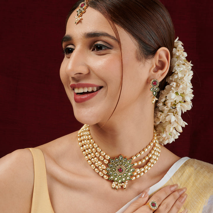 Teejh Ghazal Red and Green Gold Necklace Set
