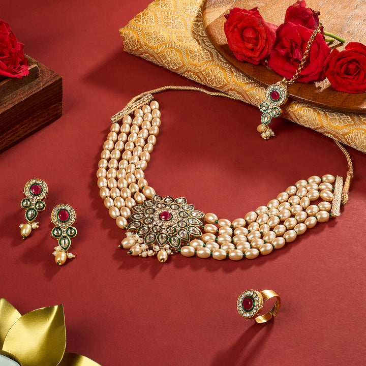 Teejh Ghazal Red and Green Gold Necklace Set