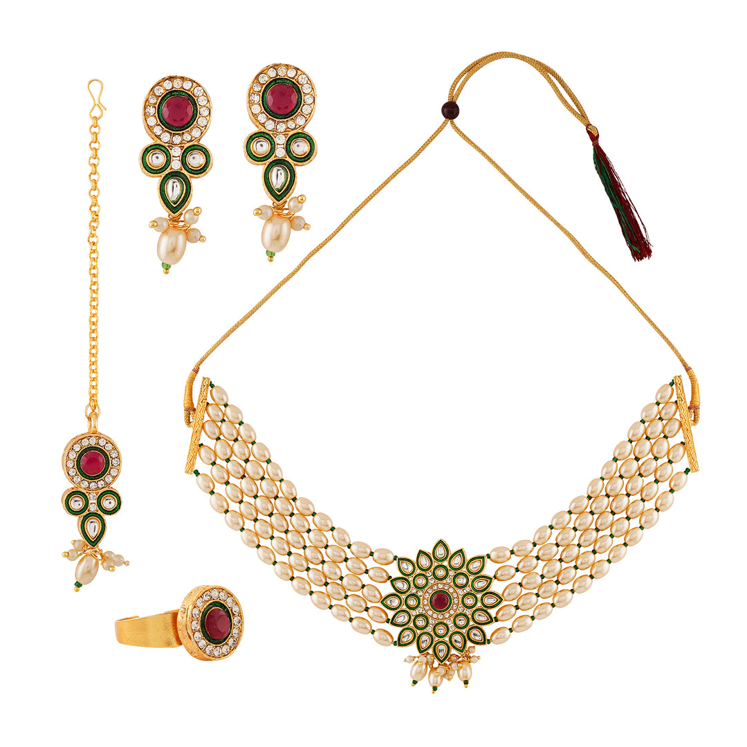 Teejh Ghazal Red and Green Gold Necklace Set