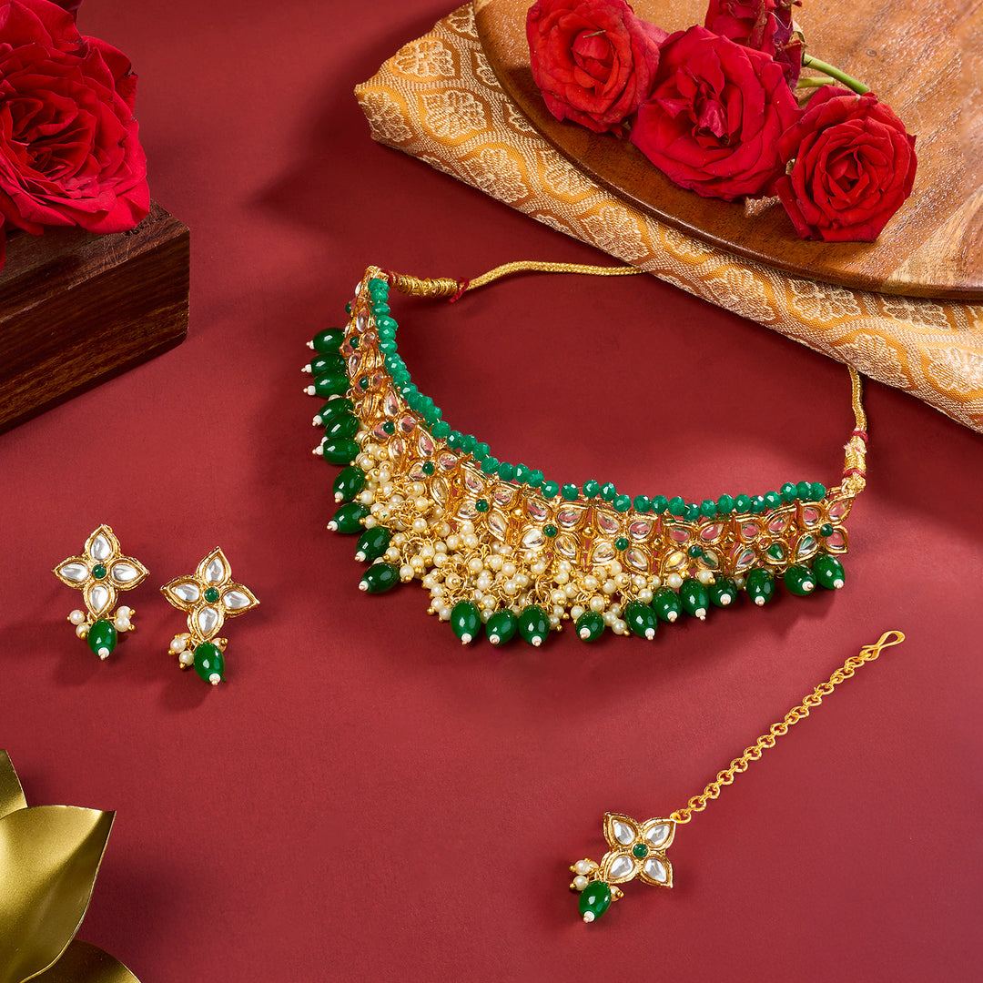 Teejh Jinal Green Stone Gold Necklace Set