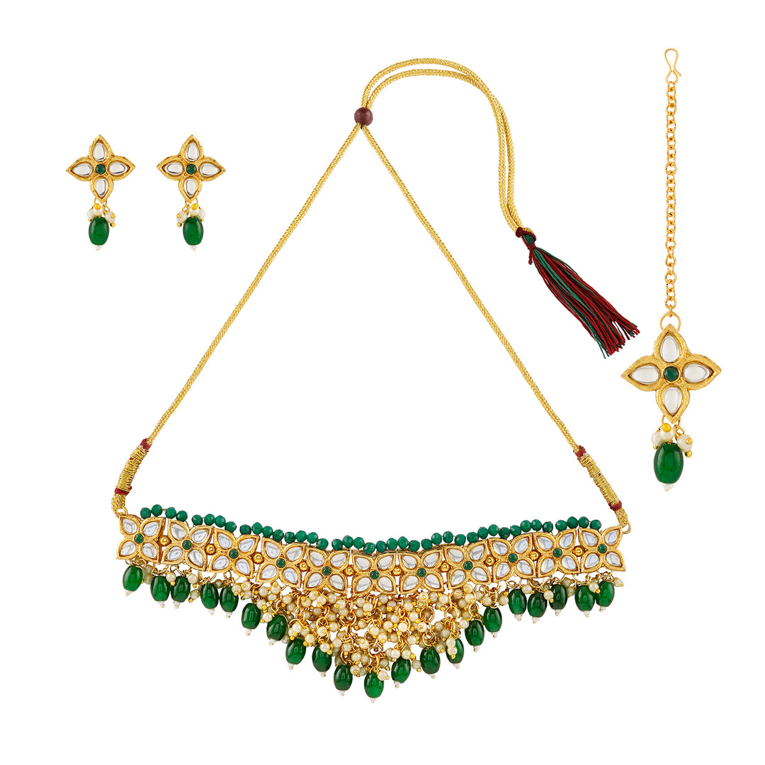 Teejh Jinal Green Stone Gold Necklace Set