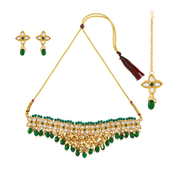 Teejh Jinal Green Stone Gold Necklace Set