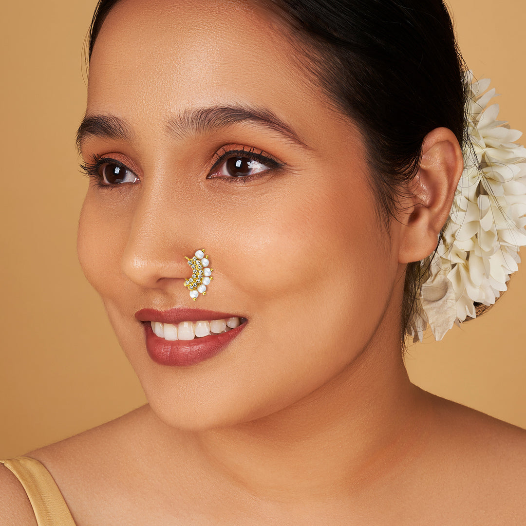 Teejh Shoni Gold and White Pearl Nosepin