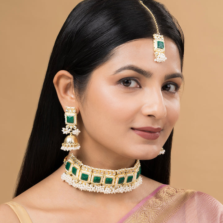 Teejh Rovina Green stone Gold Necklace set