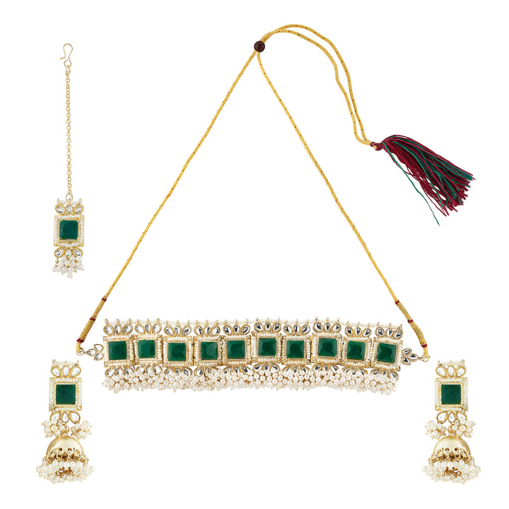 Teejh Rovina Green stone Gold Necklace set
