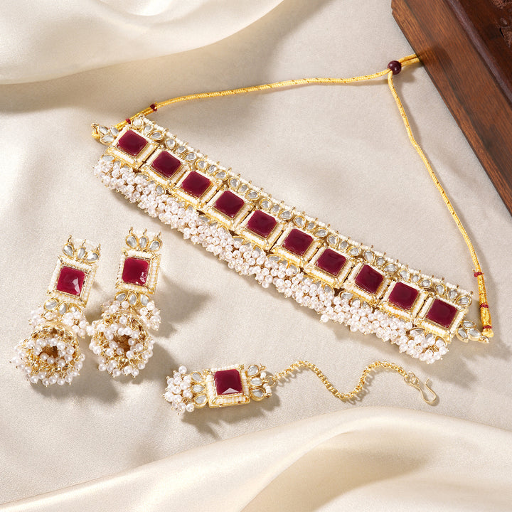 Teejh Rovina Red stone Gold Necklace set