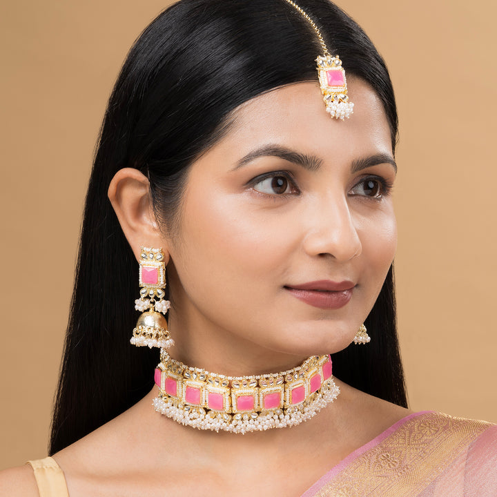 Teejh Rovina Pink stone Gold Necklace set