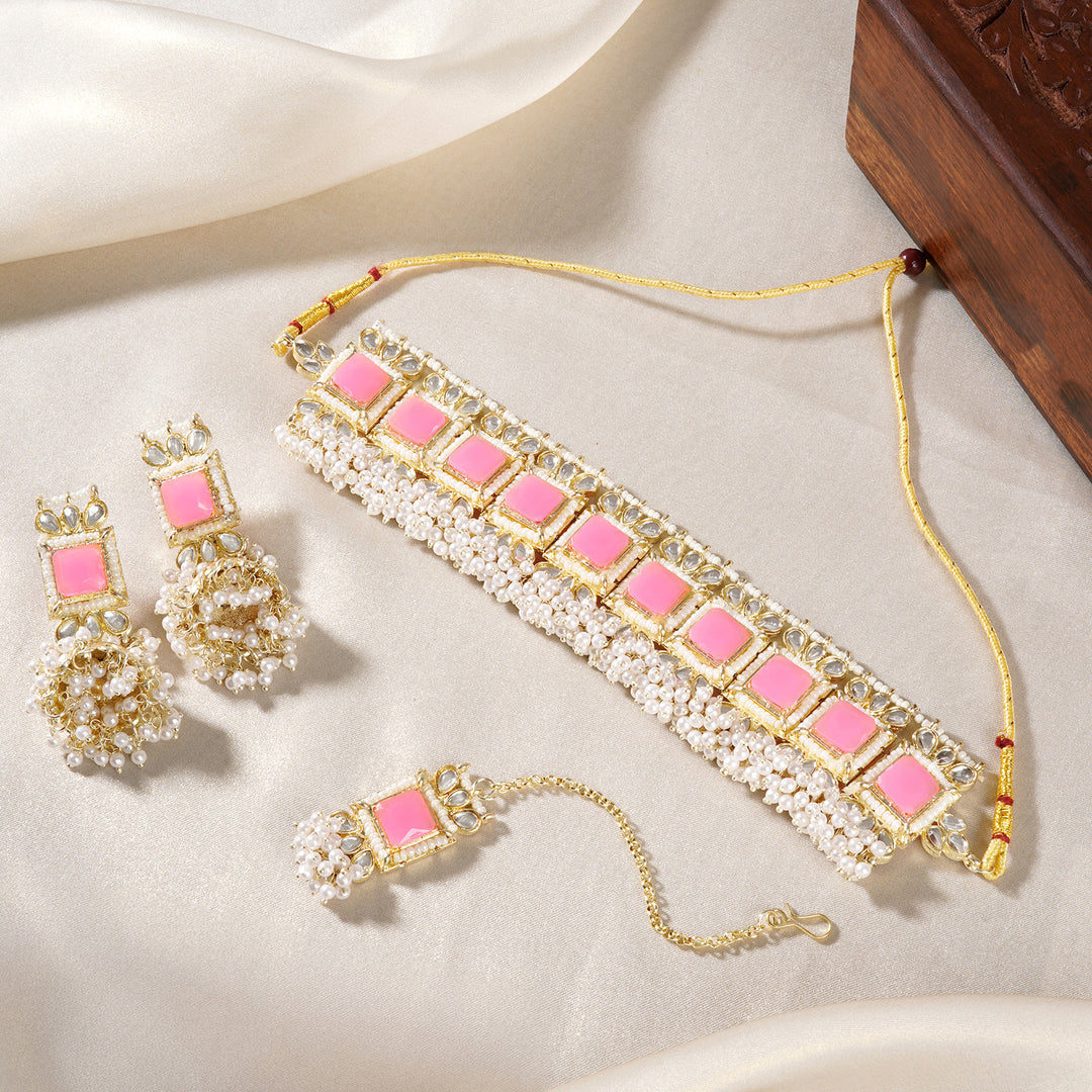 Teejh Rovina Pink stone Gold Necklace set