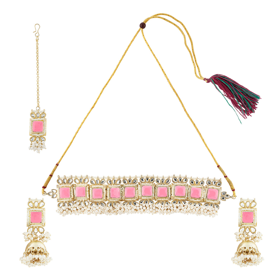 Teejh Rovina Pink stone Gold Necklace set