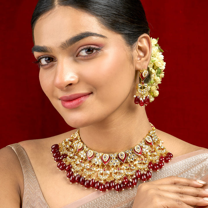 Teejh Sumana Maroon beaded Gold Necklace set