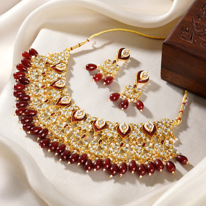 Teejh Sumana Maroon beaded Gold Necklace set
