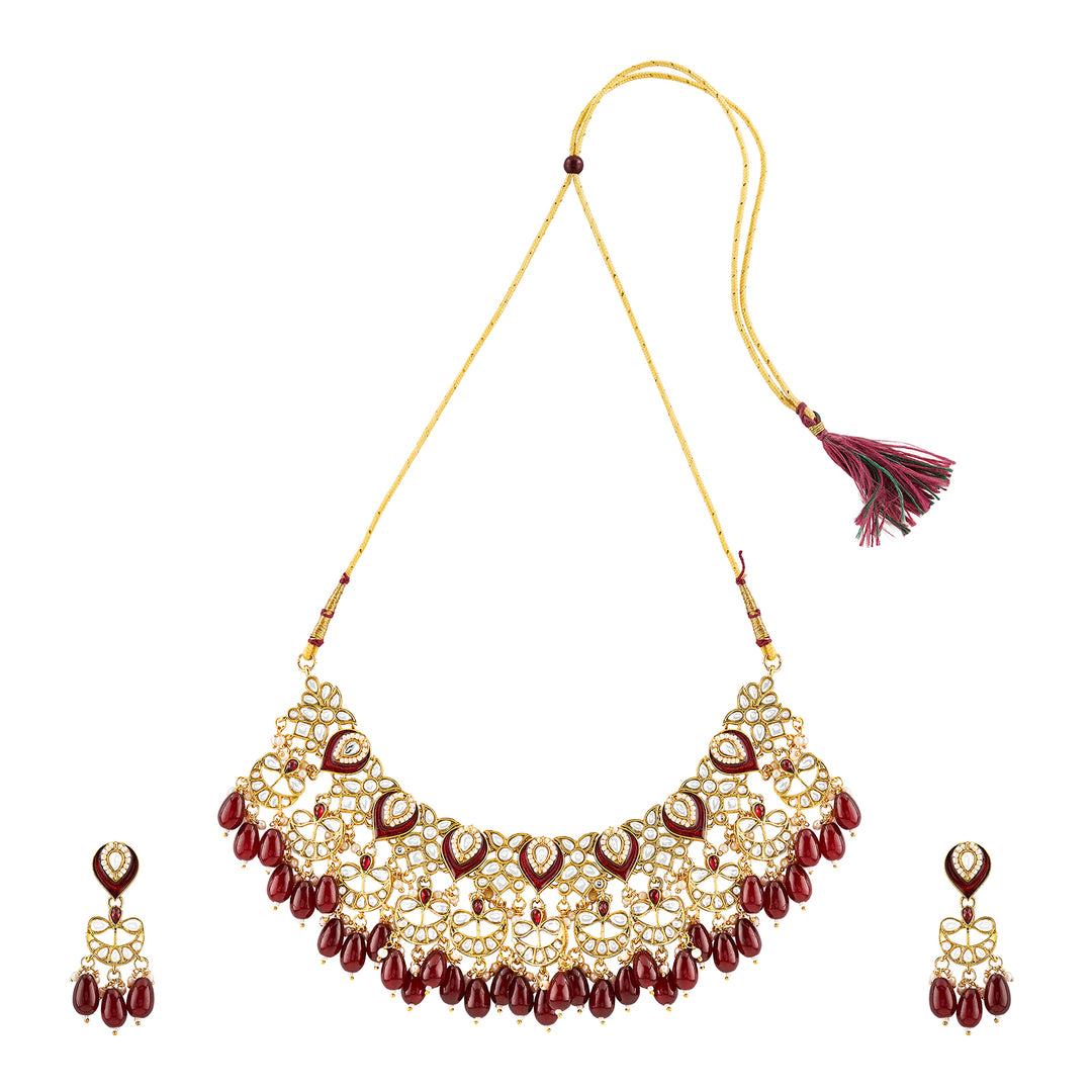 Teejh Sumana Maroon beaded Gold Necklace set