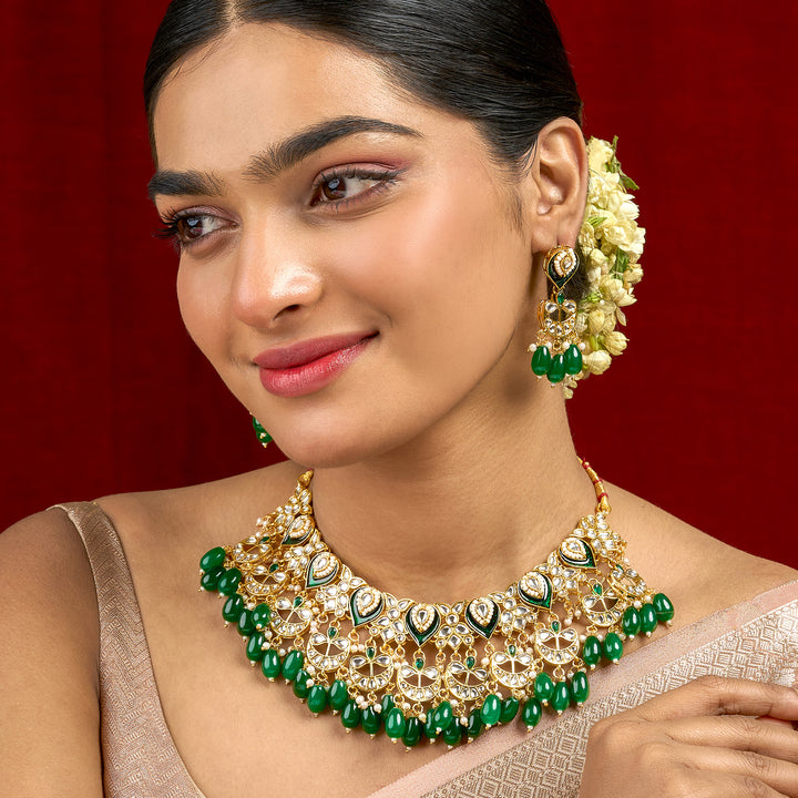 Teejh Sumana Green beaded Gold Necklace set