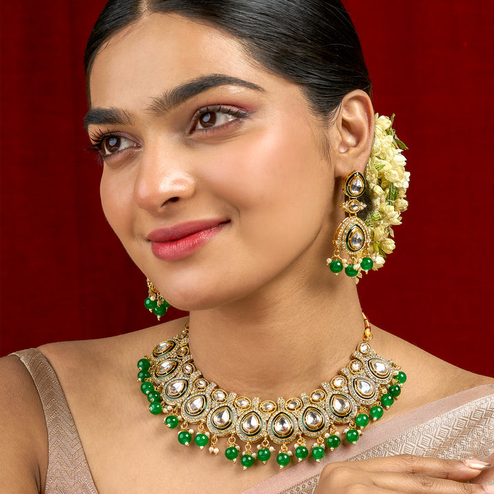 Teejh Vismaya Green Gold Necklace set