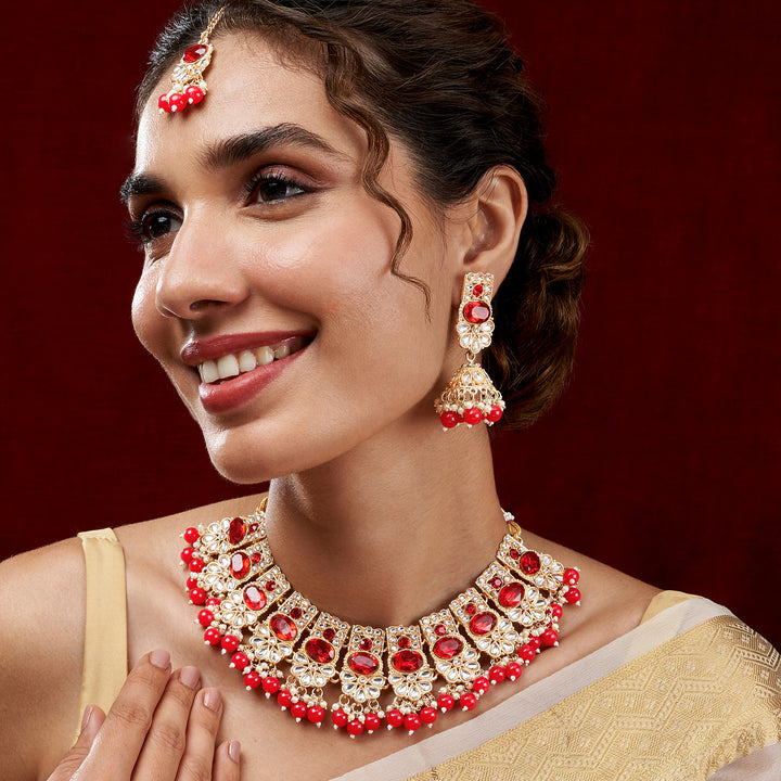 Teejh Kalika Red Gold Necklace set