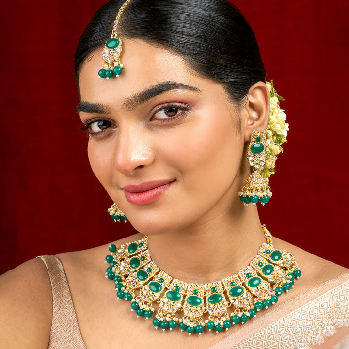 Teejh Kalika Green Gold Necklace set