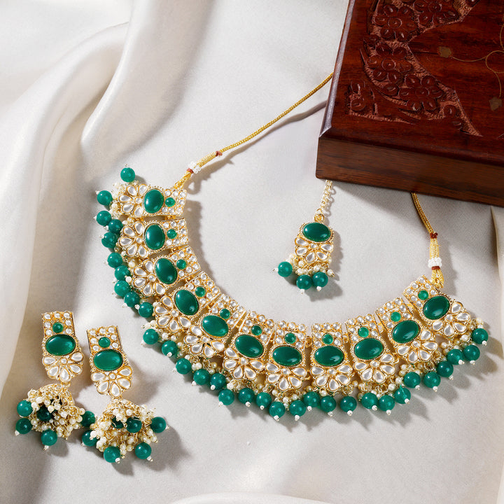 Teejh Kalika Green Gold Necklace set
