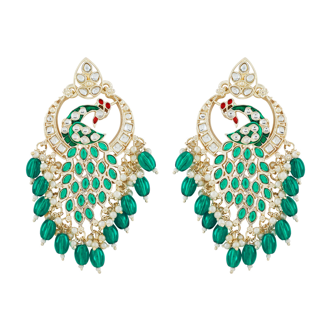 Teejh Morani Green Peacock Motif Gold Earrings