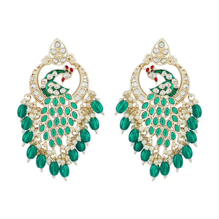 Teejh Morani Green Peacock Motif Gold Earrings