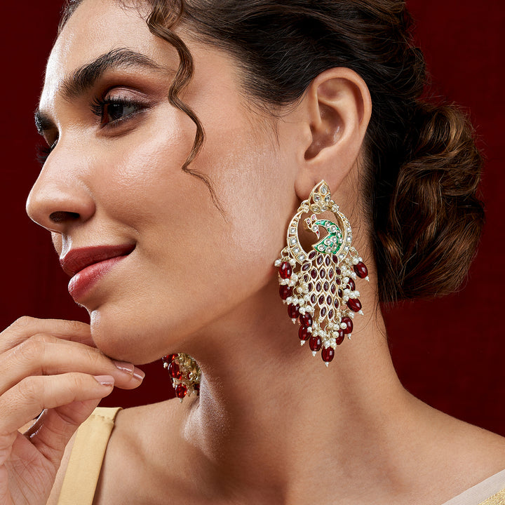Teejh Morani Red Peacock Motif Gold Earrings