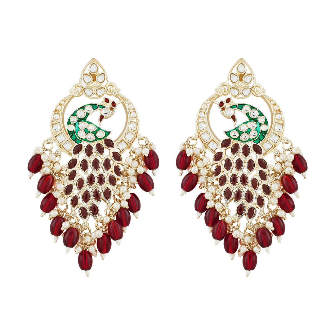 Teejh Morani Red Peacock Motif Gold Earrings