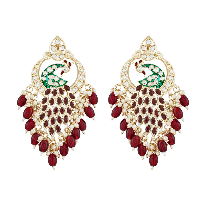 Teejh Morani Red Peacock Motif Gold Earrings