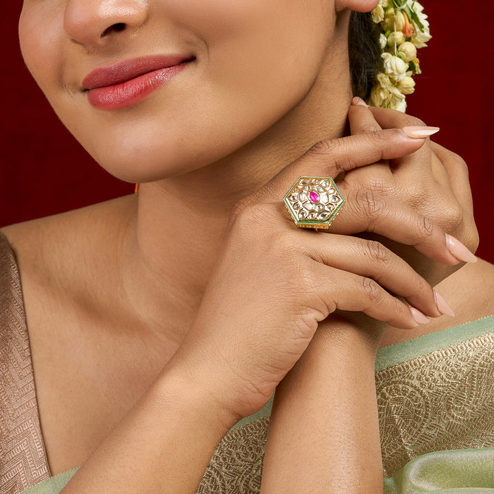 Teejh Smita Red and Gold Hexagon shaped Ring