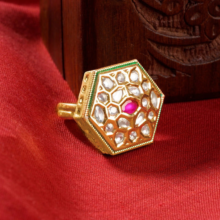 Teejh Smita Red and Gold Hexagon shaped Ring