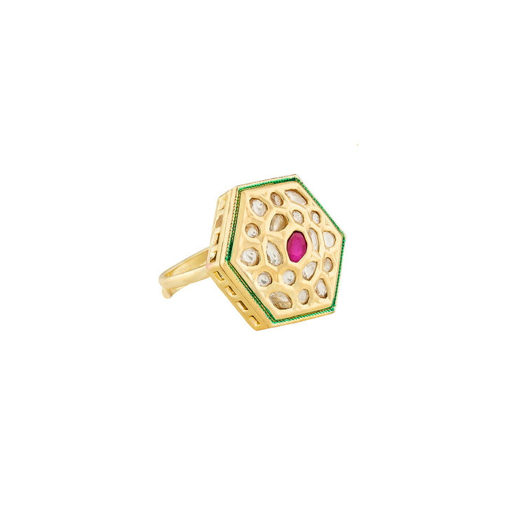 Teejh Smita Red and Gold Hexagon shaped Ring