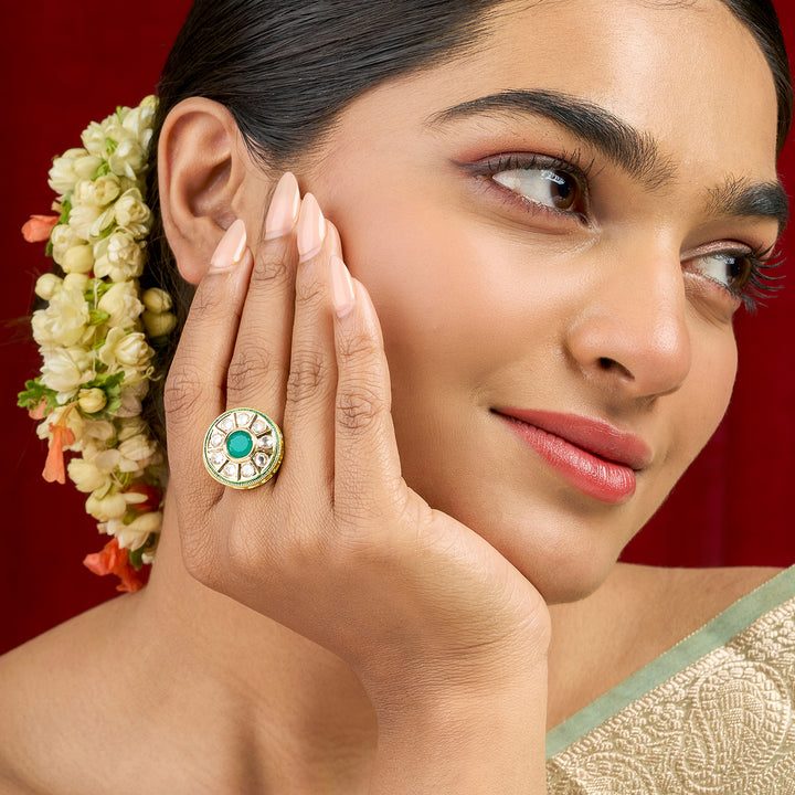 Teejh Smita Green and Gold Round shaped Ring