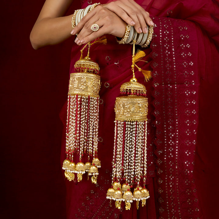 Teejh Hiriya Red Beads and Pearls Gold Kaleeras