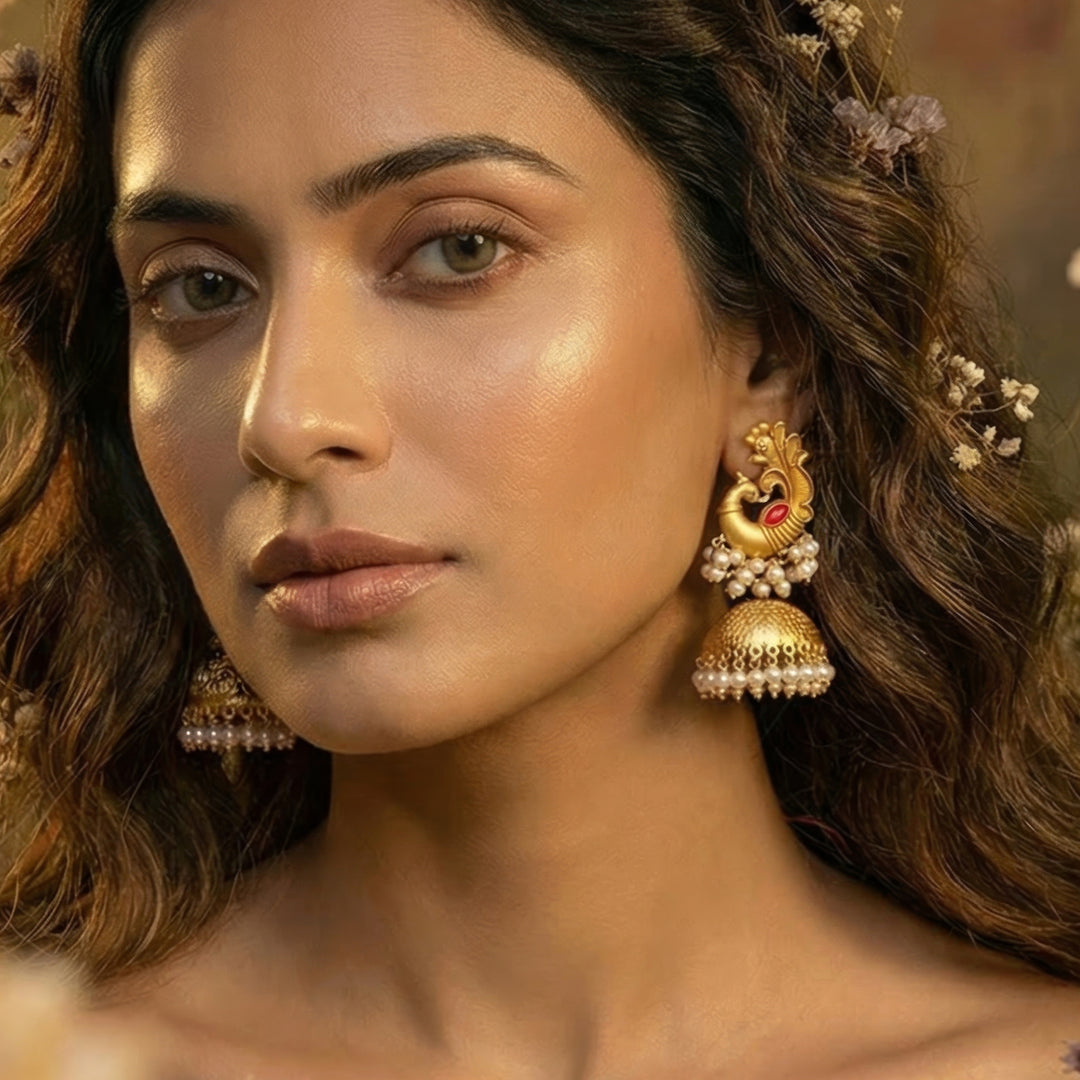Teejh Meher Gold Oxidised Peacock Stud Earring