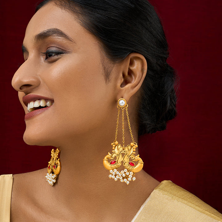Teejh Varida Gold Oxidised Peacock Dangler Earring