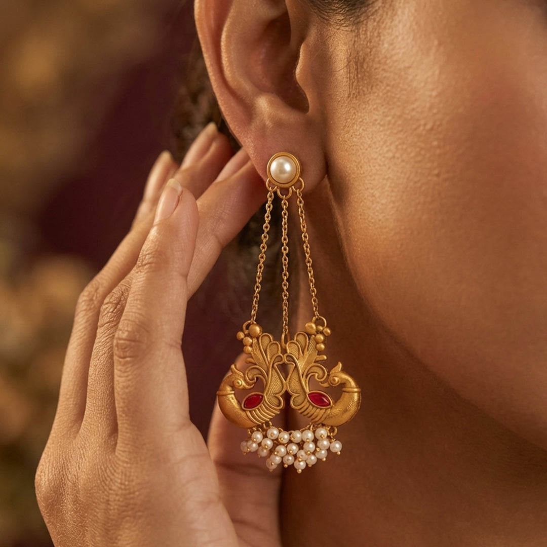Teejh Varida Gold Oxidised Peacock Dangler Earring