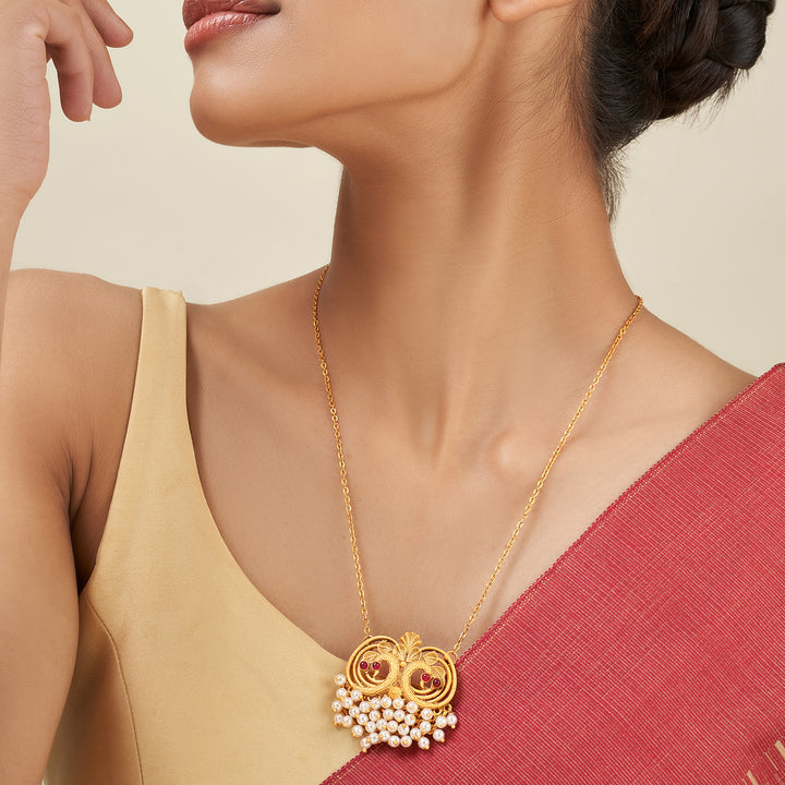 Teejh Tausi Gold Oxidised Peacock  Long Necklace