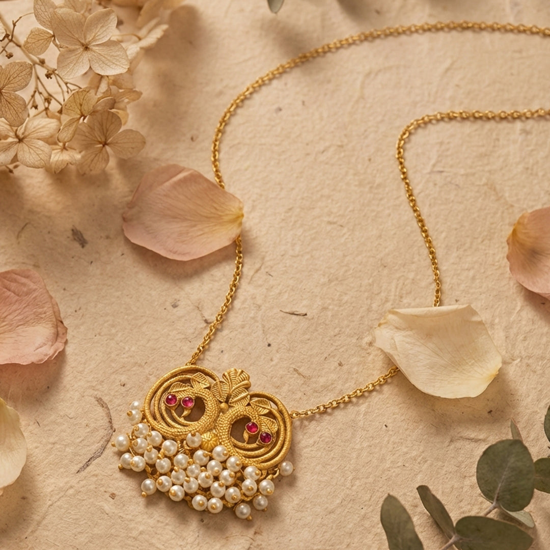 Teejh Tausi Gold Oxidised Peacock  Long Necklace