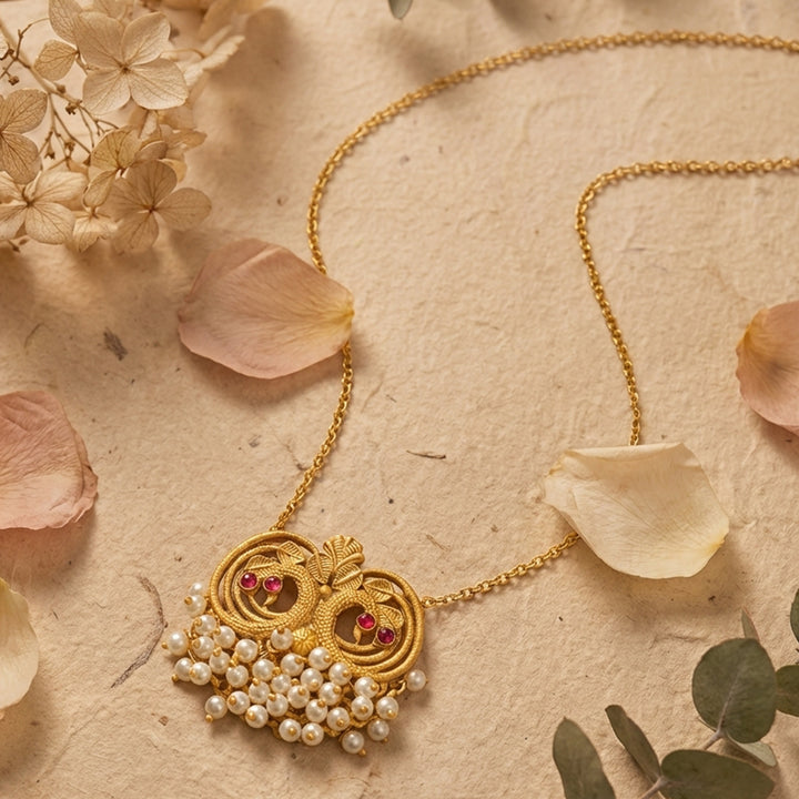 Teejh Tausi Gold Oxidised Peacock  Long Necklace