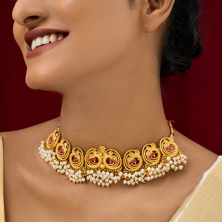 Teejh Navil Gold Oxidised Peacock  Choker Necklace