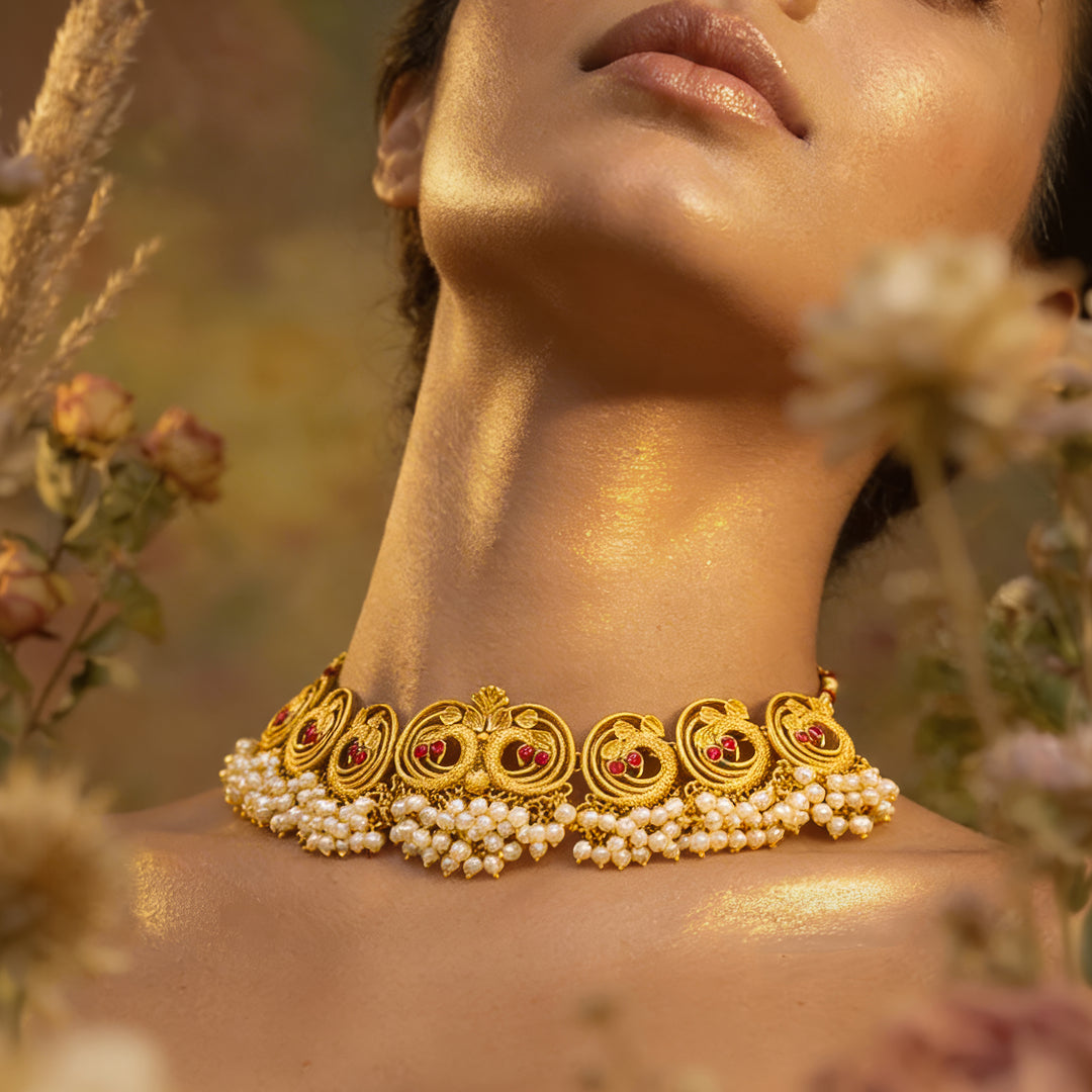 Teejh Navil Gold Oxidised Peacock  Choker Necklace
