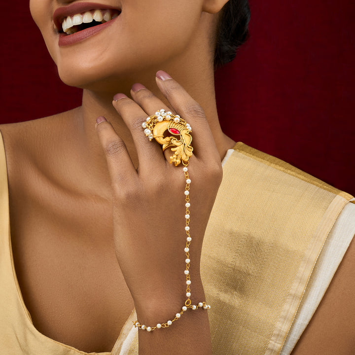 Teejh Pankh Gold Oxidised Peacock Hathphool