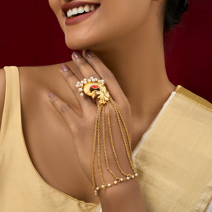 Teejh Tavus Gold Oxidised Peacock Hathphool